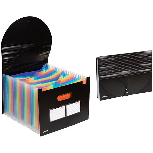 Папка-органайзер с 25-ю отделениями "deVENTE" A4 (330x235 мм) 700 мкм, разделители 130 мкм, черная с цветными разделителями, с 2-мя наварными карманами и этикетками для надписей, с клапаном на резинке, с индексами в комплекте, индивидуальная упаковка