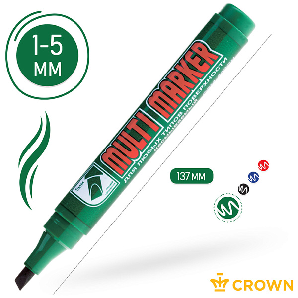 Маркер перманентный 5.0 мм, Crown "Multi Marker Chisel", спиртовая основа, скошенный наконечник, круглый корпус, чёрный