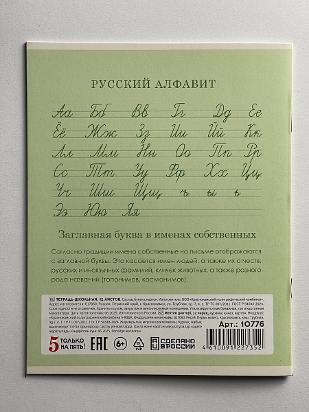 Тетрадь 12 листов в косую линию ЗЕЛЁНАЯ, обложка из мелованного картона (200г/м2), блок офсет (92%, 60г/м2)
