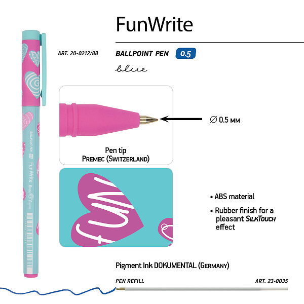 Ручка шариковая 0,5 мм "FunWrite. Сердечки. Эмоции. Бирюза" СИНЯЯ 
