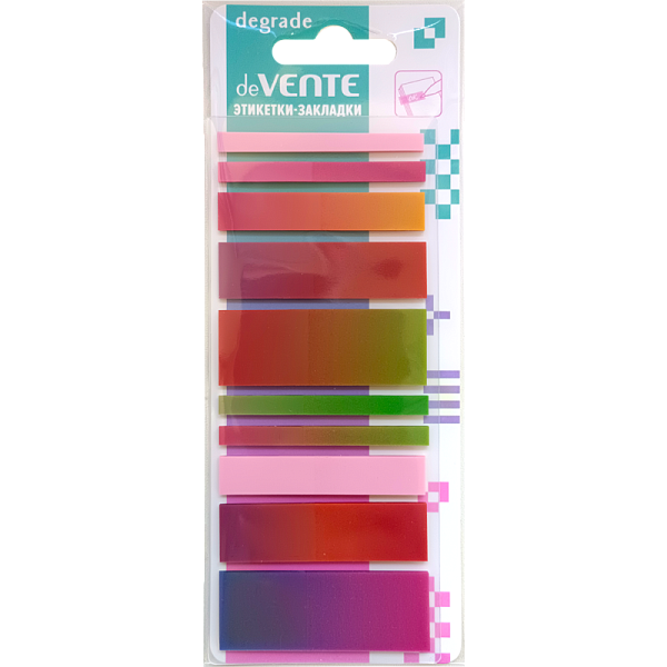 Закладки пластиковые "deVENTE. Degrade" полупрозрачные, разноцветные, 54x20 мм, 54x15 мм, 54x10 мм, 54x5 мм, 10x20л. 2 дизайна, в картонном блистере и пластиковом пакете с европодвесом