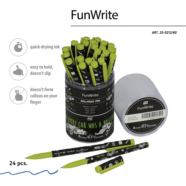 Ручка шариковая 0,5 мм "FunWrite. Машины. Цвет салатовый" СИНЯЯ 
