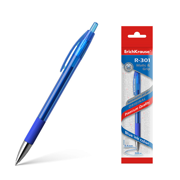 Ручка гелевая автомат. 0,5 мм ErichKrause R-301 Original Gel Matic&Grip, СИНЯЯ, 