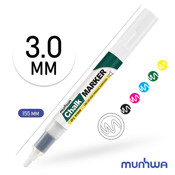 Маркер меловой 3.0 мм, MunHwa "Chalk Marker", спиртовая основа, круглый наконечник, круглый корпус, белый