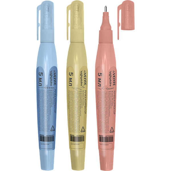 Корректирующая ручка 5 мл "deVENTE. sigNATURE" с эргономичным корпусом, быстросохнущая, трубчатая система подачи, цвета корпуса ассорти (оливковый, пудрово-розовый, сумеречный синий), в картонном дисплее с пластиковым поддоном