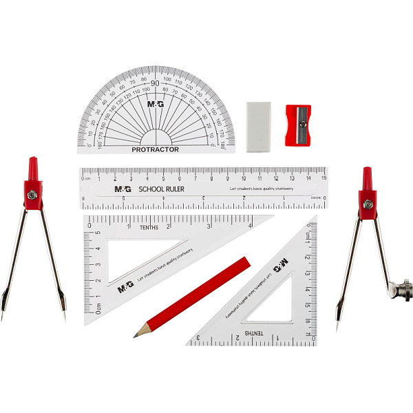 Готовальня 10 пр. M&G (карандаш, два треугольника, два циркуля, линейку, транспортир, точилку и ластик) в метал коробке