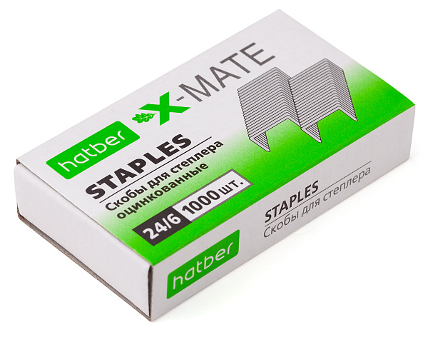 Скобы для степлера №24/6 Hatber X-Mate 1000 скоб 6мм  оцинкованные в картонном боксе