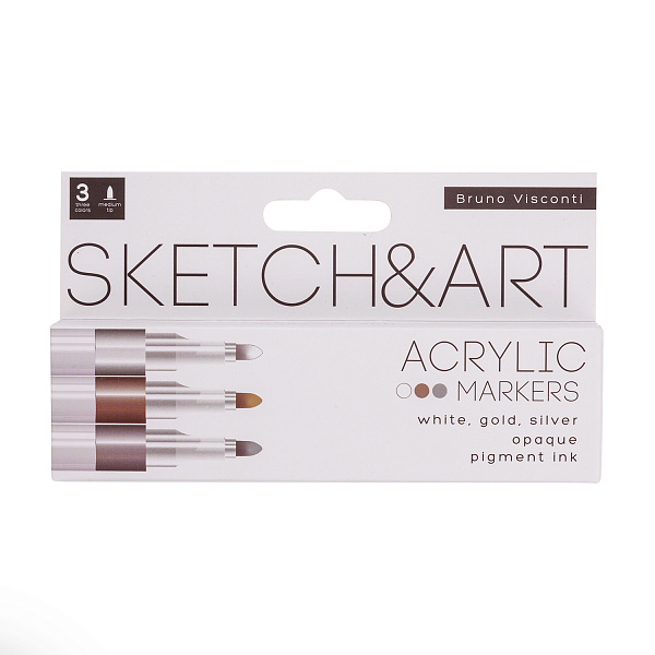 Набор маркеров акриловых  3 цв. "SKETCH&ART" ЗОЛОТОЙ, СЕРЕБРЯНЫЙ, БЕЛЫЙ