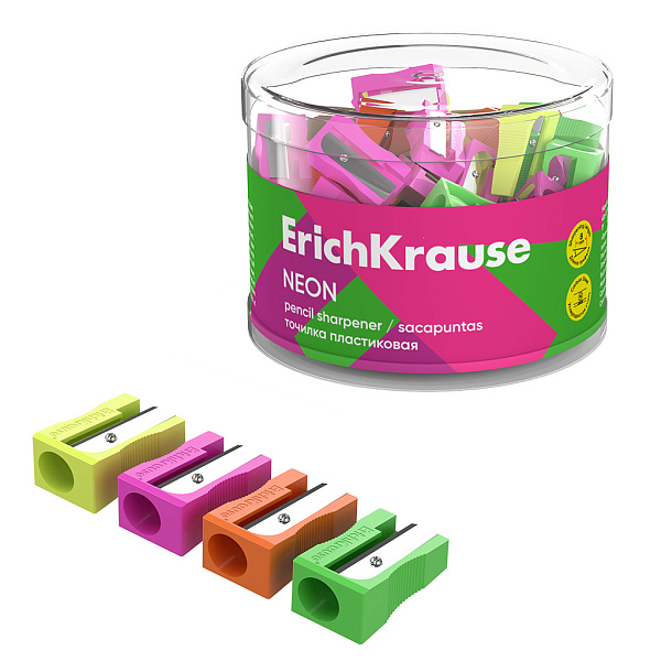 Точилка ErichKrause EasySharp, Neon, ассорти, пластиковая (в тубусе по 60 шт)