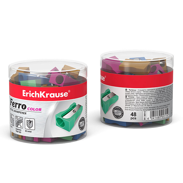 Точилка металлическая ErichKrause Ferro Color, 1 отв. ассорти (в тубусе по 48 шт)