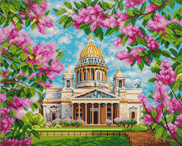 Алмазная мозаика 50*40 "ФРЕЯ" на подрамнике "Исаакиевский собор в сирени"