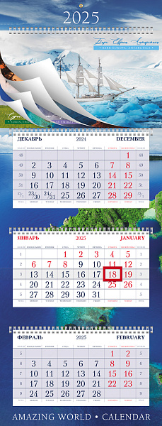 Календарь 2025 3-х блоч. на 4-х гребнях СуперЛюкс "Удивительный мир" 320х840мм Бумага Офсет 2-х цв. 