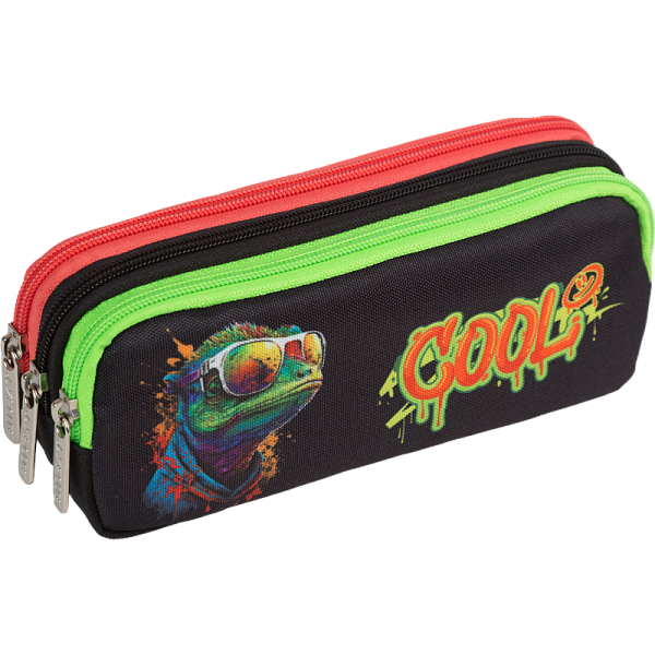 Пенал "deVENTE. Cool Lizard" 21x8,5x5,5 см, прямоугольный для 60 предметов, плотный износостойкий полиэстер с водоотталкивающей пропиткой, 3 отделения на молнии, с молниями 3-х цветов