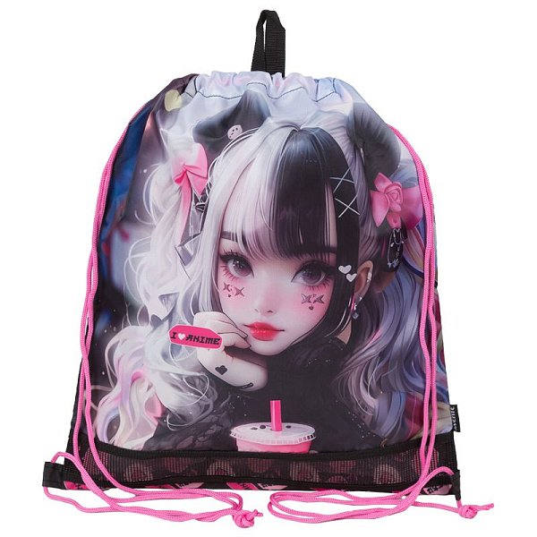 Сумка для сменной обуви "deVENTE. I Love Anime" 40x47 см, водоотталкивающая ткань, на веревочной завязке, с вставкой из пластиковой сетки для вентиляции, с петлей для повеса и переноски