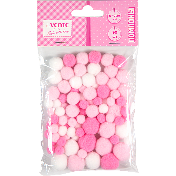 Набор помпонов для творчества "deVENTE. DIY" 90 шт, ассорти (10 мм - 54 шт, 15 мм - 24 шт, 20 мм - 12 шт) в пластиковом пакете с блистерным подвесом, оттенки розового цвета