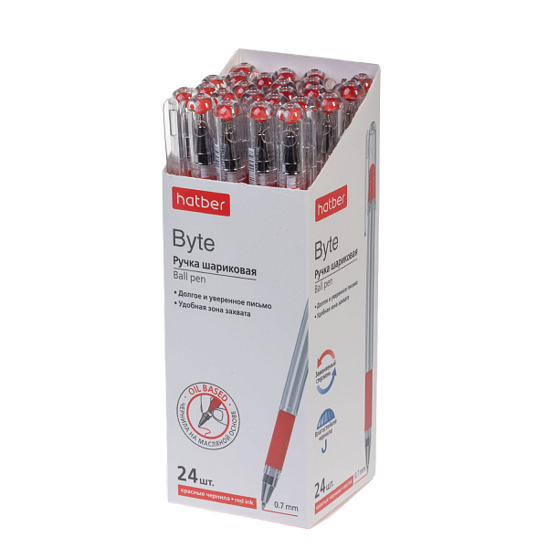 Ручка шариковая 0,7 мм Hatber Byte Красная чернила на масл.основе с резиновым грипом 24 шт в карт. Мини-Дисплее