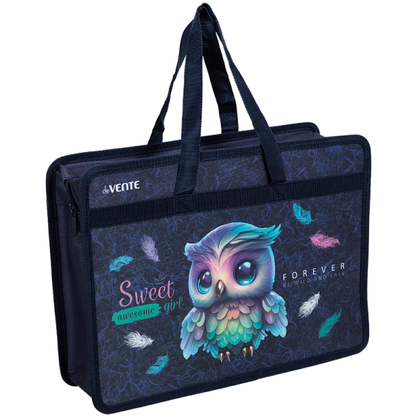 Папка для тетрадей, ИЗО и технологии "deVENTE. Happy Owl" A4 с ручками, с расширением 10 см, на молнии сверху, 400 мкм, матовая полупрозрачная с рисунком, с волокнистой фактурой, индивидуальная упаковка