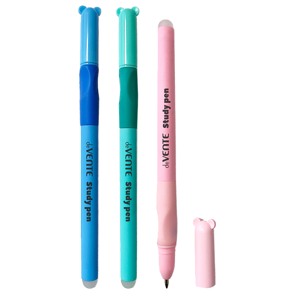 Ручка гелевая 0,7 мм стираемая "deVENTE. Study Pen. School" СИНЯЯ, корпус ассорти 3 цвета с покрытием Velvet Touch, с эргономичным каучуковым держателем, с ластиком, колпачок с ушками, сменный стержень, индивидуальная маркировка,