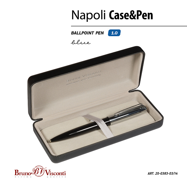 Ручка "NAPOLI" в футляре PREMIUM из экокожи, 1,0 ММ, СИНЯЯ (корпус черн и серебр, футляр черный)