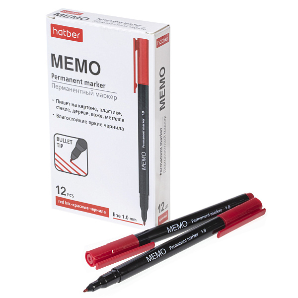 Маркер перм. 1 мм Hatber Memo закругленный пишущий узел Красный 12шт. в картонной коробке
