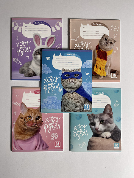 Тетрадь 18 листов в линию "Котики" обложка из мелованного картона(200 г/м²) блок офсет 60 г/м², 92%, микс 5 вид