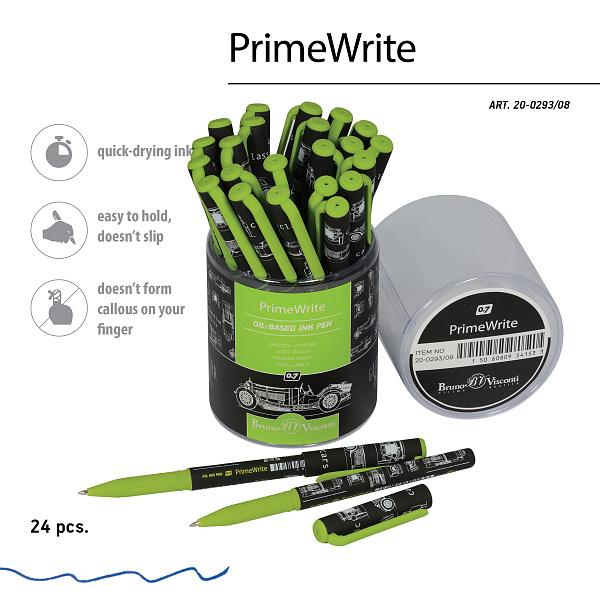 РУЧКА "PrimeWrite. Чертежи. Автомобиль"  С ЧЕРНИЛАМИ НА МАСЛЯНОЙ ОСНОВЕ, 0.7 ММ, СИНЯЯ (10131010/290321/0194722,КИТАЙ)