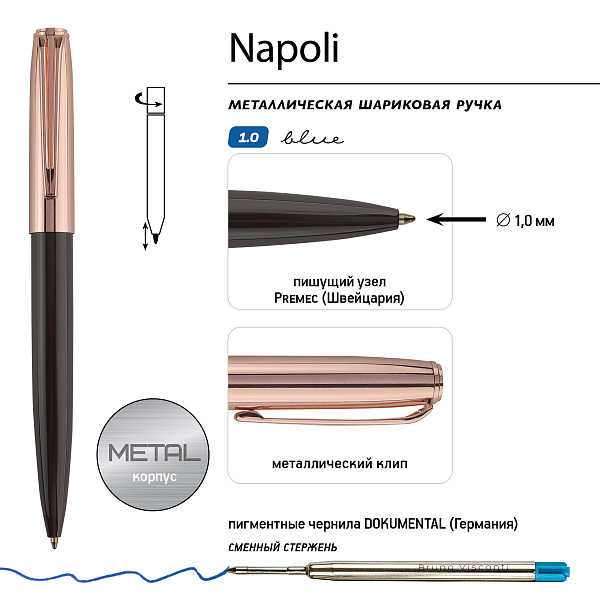 Ручка "NAPOLI" в футляре PREMIUM из экокожи, 1,0 ММ, СИНЯЯ (корпус коричн и роз зол, футляр черный)