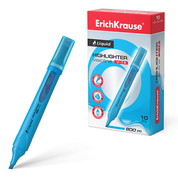 Текстмаркер с жидкими чернилами  ErichKrause® Liquid Visioline V-14 Neon, цвет чернил голубой (в коробке по 10 шт.)
