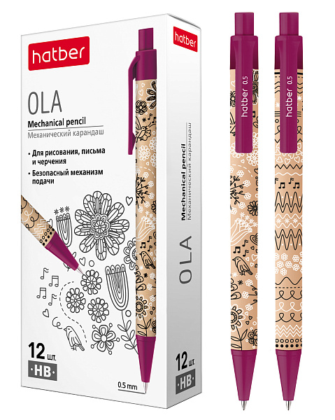 Карандаш механический Hatber 0,5мм Ola Ассорти 12шт. в картонной коробке