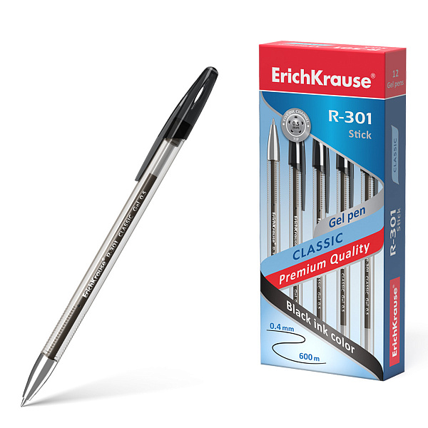 Ручка гелевая 0,5 мм ErichKrause® R-301 Classic Gel Stick ЧЕРНАЯ