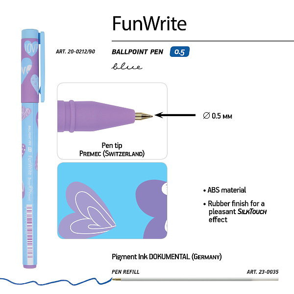 Ручка шариковая 0,5 мм "FunWrite. Сердечки. Эмоции. Голубое небо" СИНЯЯ