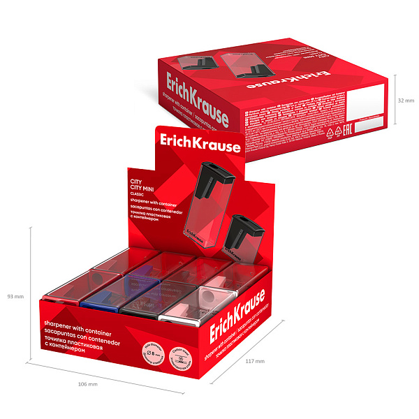 Точилка 1 отв. ErichKrause City, Classic, пластиковая, с контейнером, ассорти, (в коробке-дисплее)