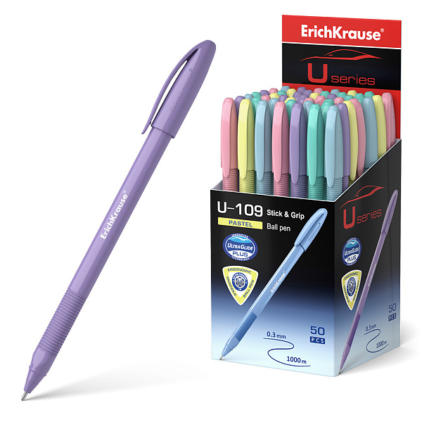 Ручка шариковая 1,0 мм ErichKrause® СИНЯЯ, U-109 Pastel Stick&Grip Ultra Glide Technology,в коробке по 50 шт.)