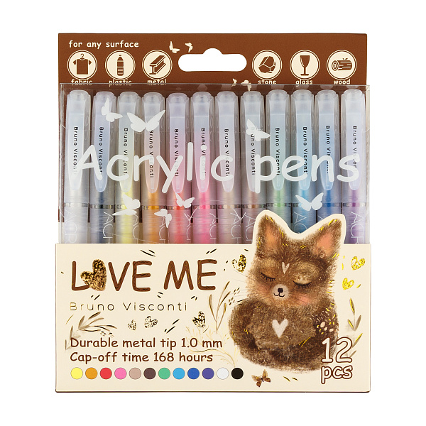 Набор ручек АКРИЛОВЫХ "LOVE ME", 1,0 мм, 12 цветов