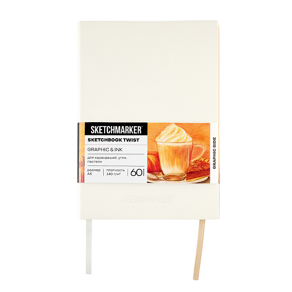 Скетчбук Sketchmarker Graphic&Ink, два в одном, мягкая обложка белая/бежевая, A5, 140г/м2, 60 л., бумага кремовая/ 200г/м2, 40 листов, бумага белая