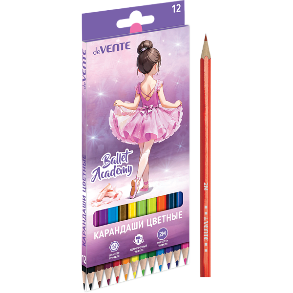 Карандаши 12 цв. "deVENTE. Ballet Academy" 2М, диаметр грифеля 2,8 мм, шестигранные, в картонной кор