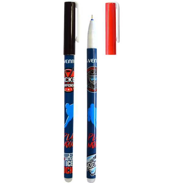 Ручка гелевая 0,5 мм стираемая "deVENTE. Hockey" СИНЯЯ, 2 дизайна корпуса ассорти, с ластиком, сменный стержень, индивидуальная маркировка