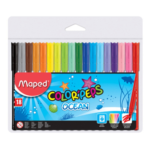 Фломастеры 18 цв. Maped COLOR'PEPS OCEAN суперсмываемые, с заблок.пишущим узлом, подвес