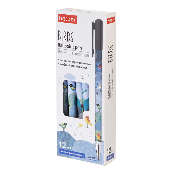Ручка шариковая 0,7 мм Hatber Birds" Синяя а масл.основе -Ассорти- 12шт.