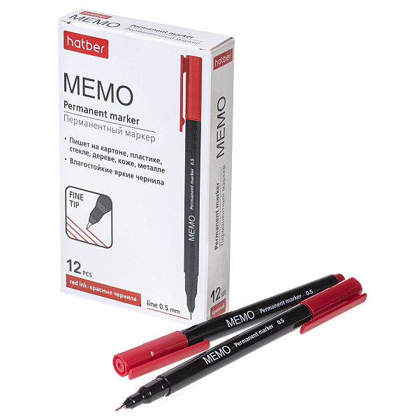 Маркер перм. 0,5 мм Hatber Memo  Красный в картонной коробке