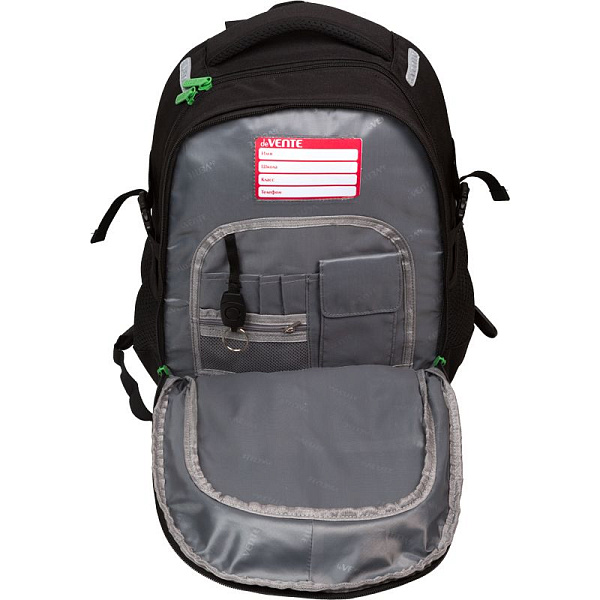 Рюкзак "deVENTE. Ergo. Game" школьный 39x28x20 см (18 л) 600 г, 2 отделения на молнии, одно с уплотненным отделением для ноутбука до 15 дюймов и книг и карманом для учебников, второе с органайзером и карабином для ключей, передний карман на молнии с 