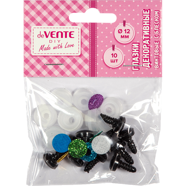 Глазки декоративные с блеском "deVENTE. Shine" 10 шт, 12 мм, круглые пластиковые, винтовые с фиксатором и блестящей вставкой, цвет ассорти в пластиковом пакете с блистерным подвесом