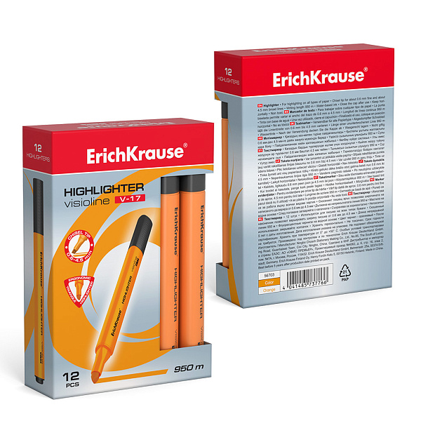 Маркер-текстовыделитель ErichKrause Visioline V-17 Neon, оранжевый (в коробке по 12 шт.)