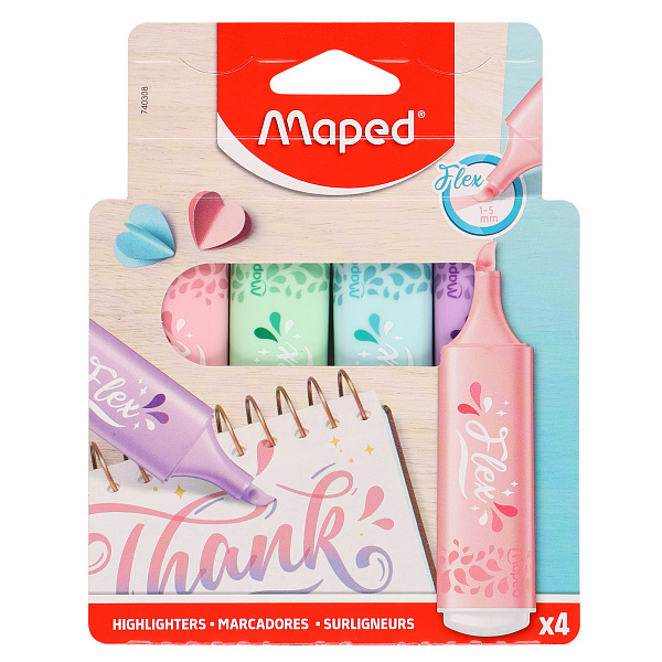 Маркер-текстовыделитель 1-5 мм Maped FLUO PEP'S FLEX PASTEL гибкий наконечник,  пастельные цвета 4шт
