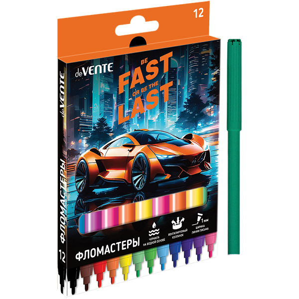 Фломастеры 12 цв. "deVENTE. Fast Or Last" с вентилируемым колпачком, в картонной коробке с подвесом
