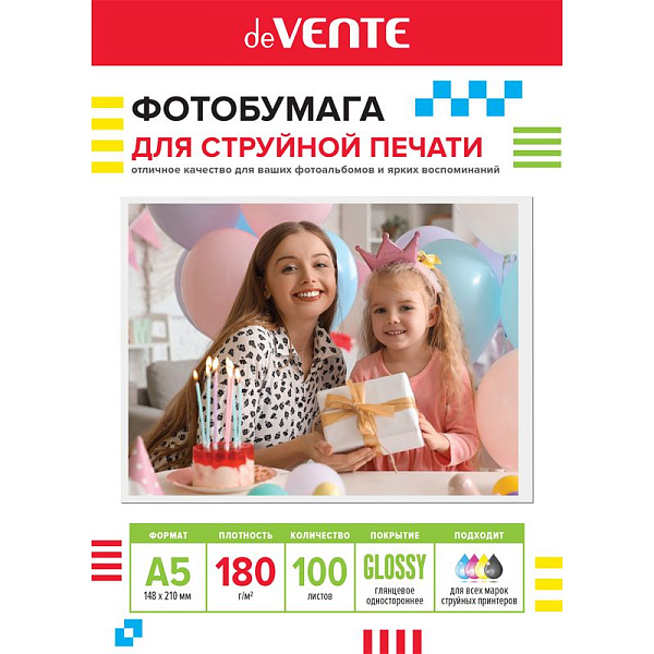 Фотобумага для струйной печати "deVENTE" A5 (21х14,8 см), 100 л, 180 г/м², глянцевая односторонняя, в пластиковом пакете с европодвесом