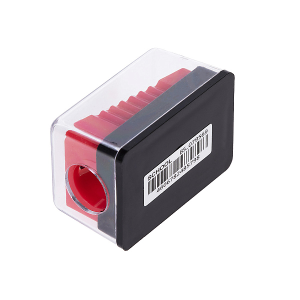 Точилка Hatber SCHOOL Пластиковая Цветная с контейнером-Ассорти- 4 цв. 24шт в картонной Дисплей-витрине