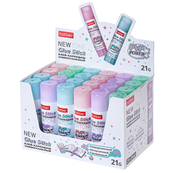 Клей-карандаш  21 г Hatber -NEWtone- в картонной Дисплей-витрине