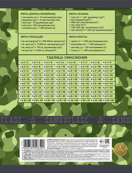 Тетрадь 18 листов в клетку "Камуфляж" 65г/кв.м, скругленные углы, микс 5 видов