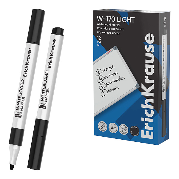 Маркер для доски ErichKrause W-170 light, цвет чернил черный (в коробке)